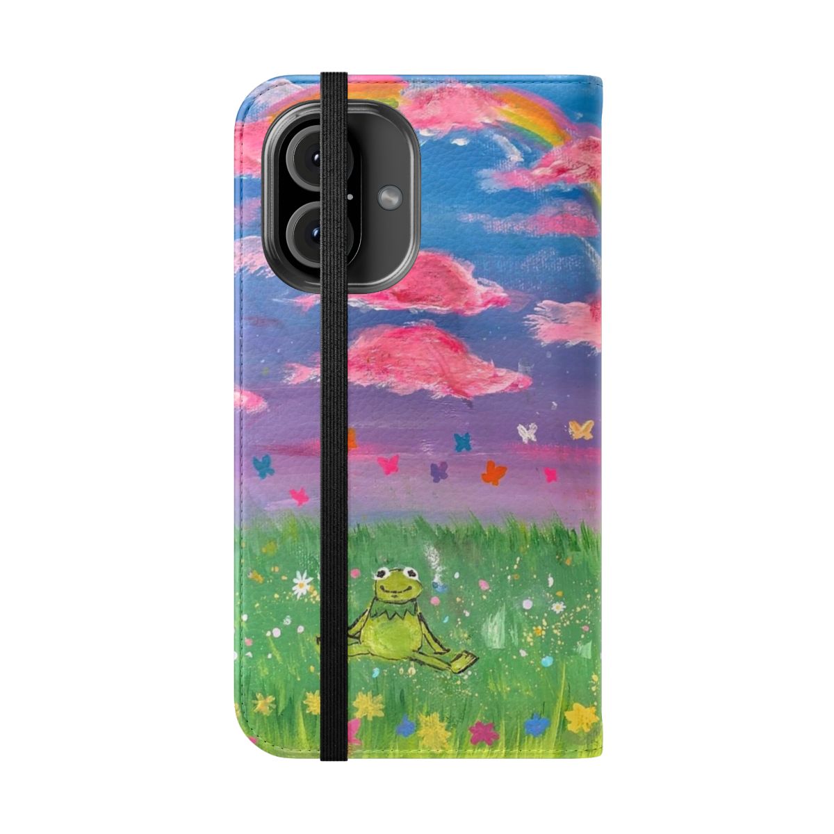 Colorful flip phone case featuring an illustration of Kermit the Frog in a rainbow design - Folded Front