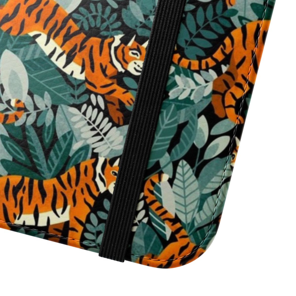 Colorful phone case featuring a detailed illustration of a Bengal tiger in a lush tropical jungle setting. - Close Up