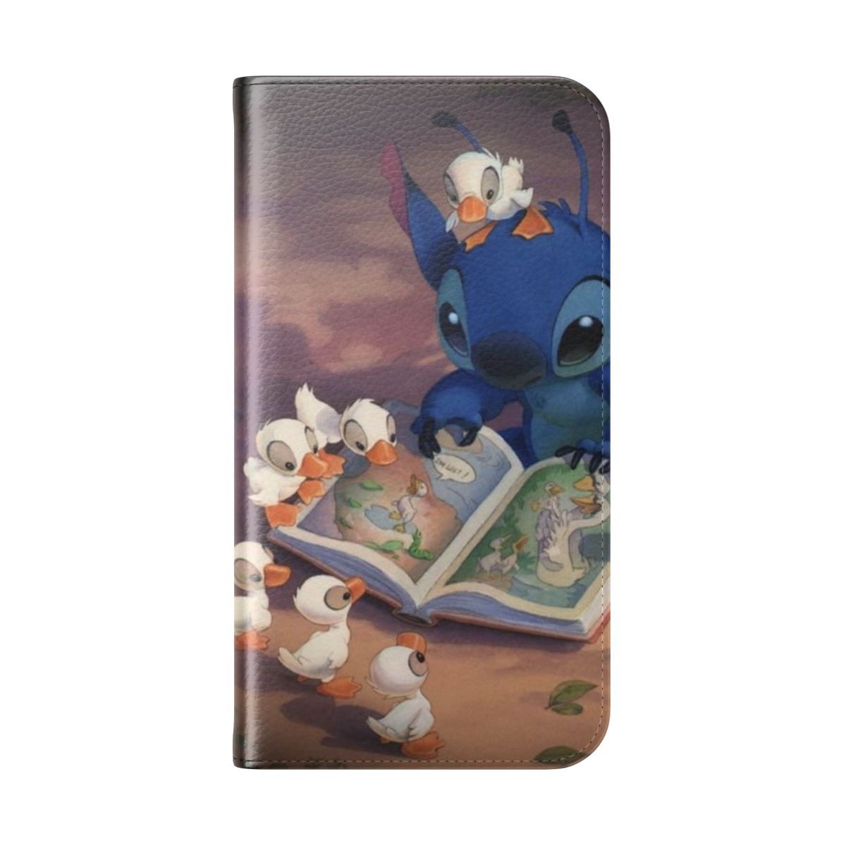 A cute and whimsical flip cover phone case featuring the beloved character Stitch from the Disney movie "Lilo and Stitch" reading a book. - Folded Back