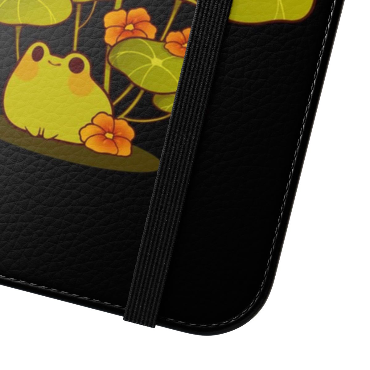 Flip cover phone case featuring a cute, chibi-style frog sitting on watercress plants - Close Up