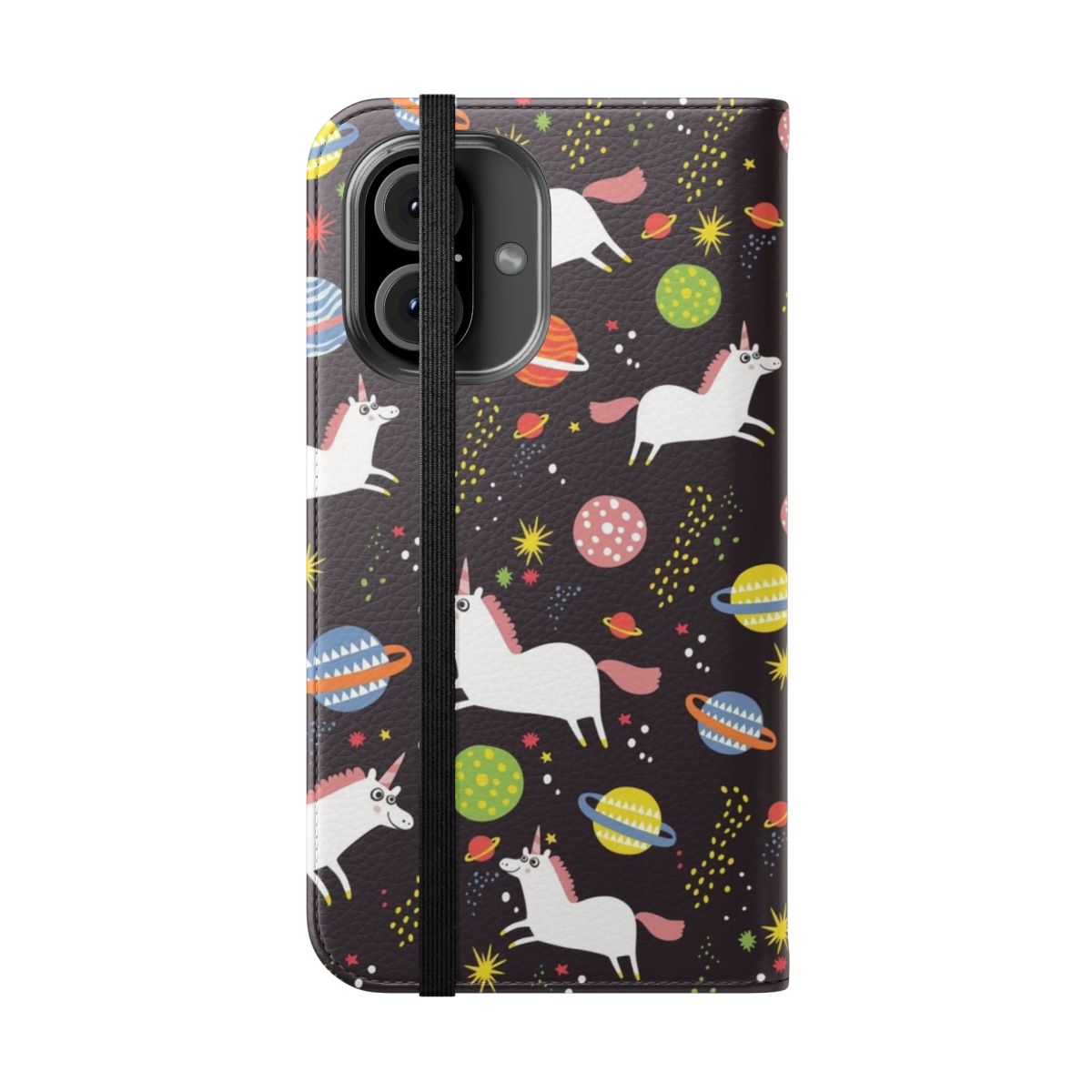 A vibrant flip phone case featuring a whimsical space unicorn design with planets, stars, and a retro, vintage-inspired aesthetic. - Folded Front