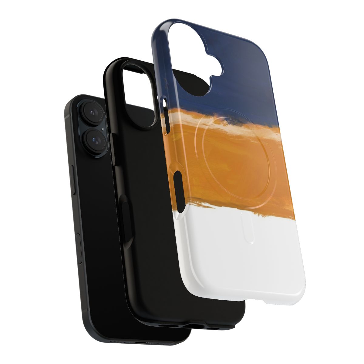 Artistic magnetic phone case in shades of orange and blue, inspired by abstract expressionist paintings - Layers