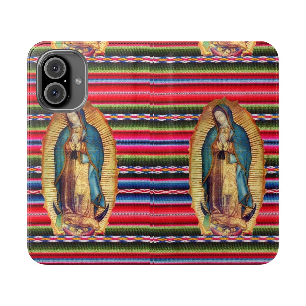 A flip cover phone case featuring an image of the Virgin Mary, also known as Our Lady of Guadalupe, a beloved figure in Catholicism and Mexican culture.