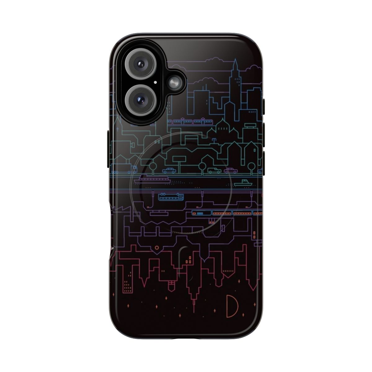 Magnetic tough phone case with a design featuring a city skyline, transportation, and architectural elements