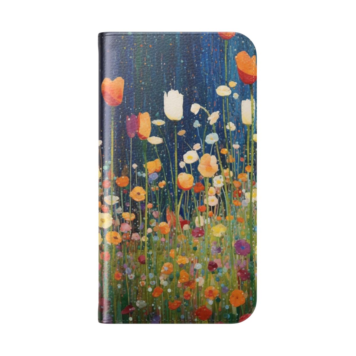 Stylish phone case with a vibrant flower garden design inspired by the artwork of Gustav Klimt - Folded Back