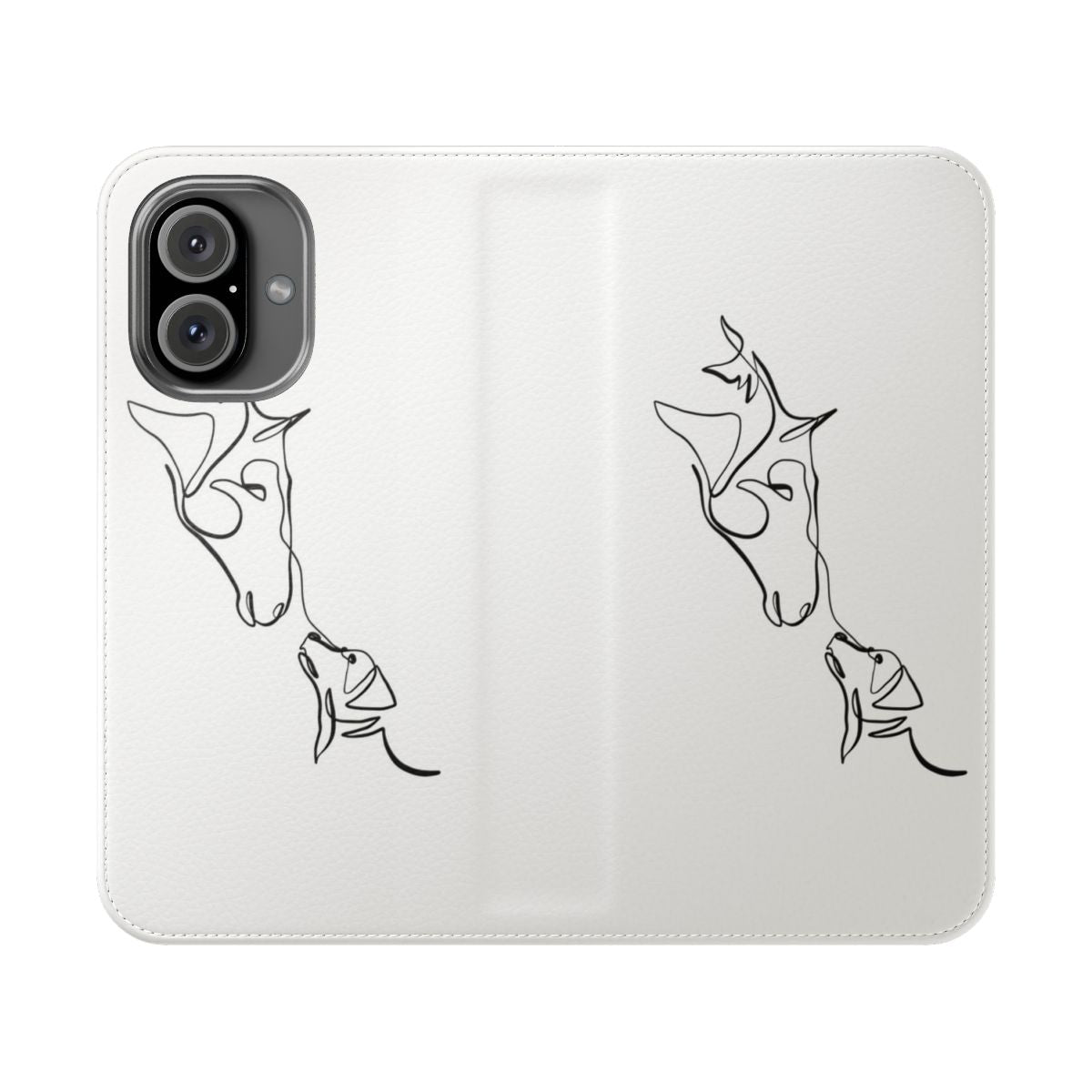 Minimalist line drawing art print of a horse and dog on a phone case