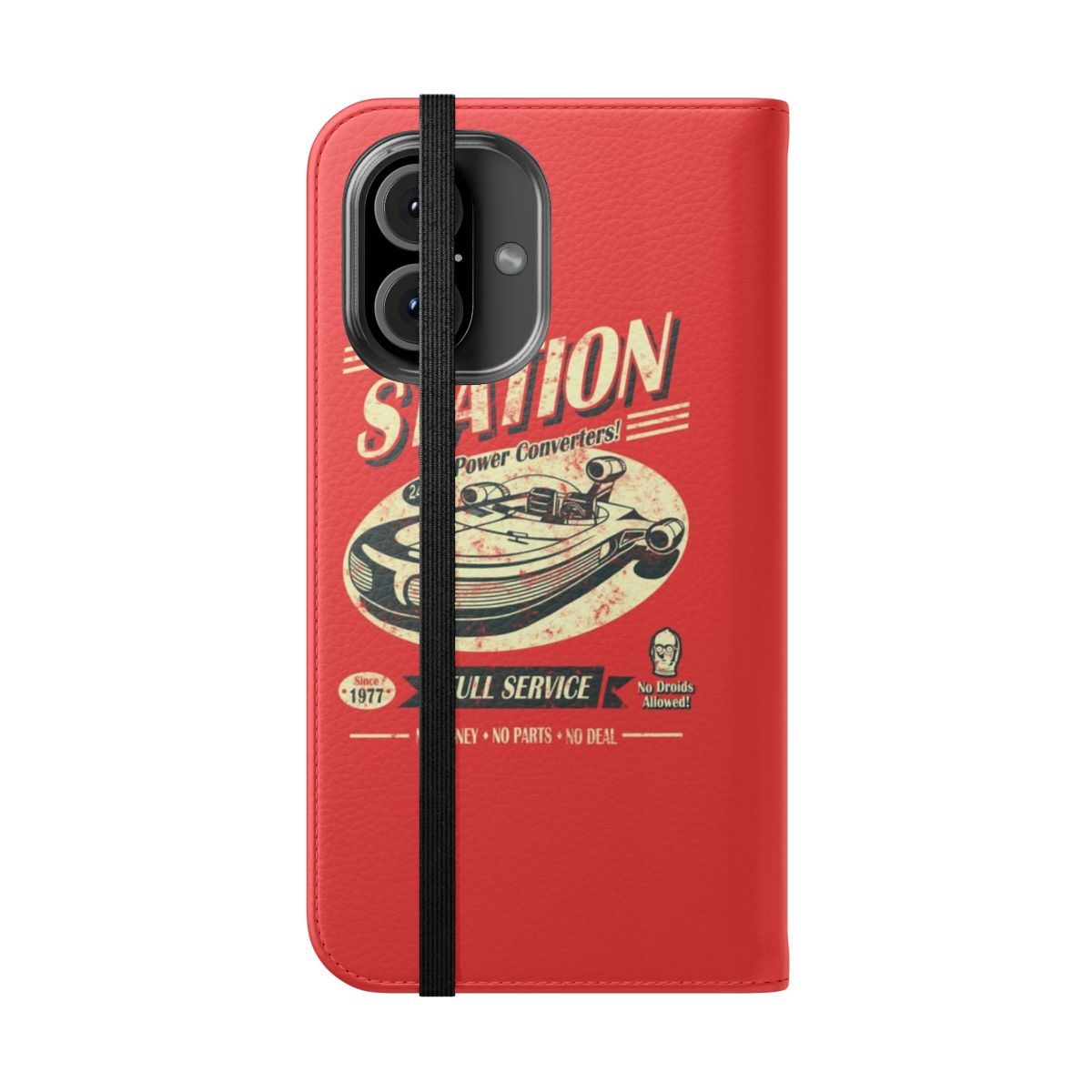 A stylish flip cover phone case featuring a retro, grunge-inspired design inspired by the Star Wars universe. - Folded Front