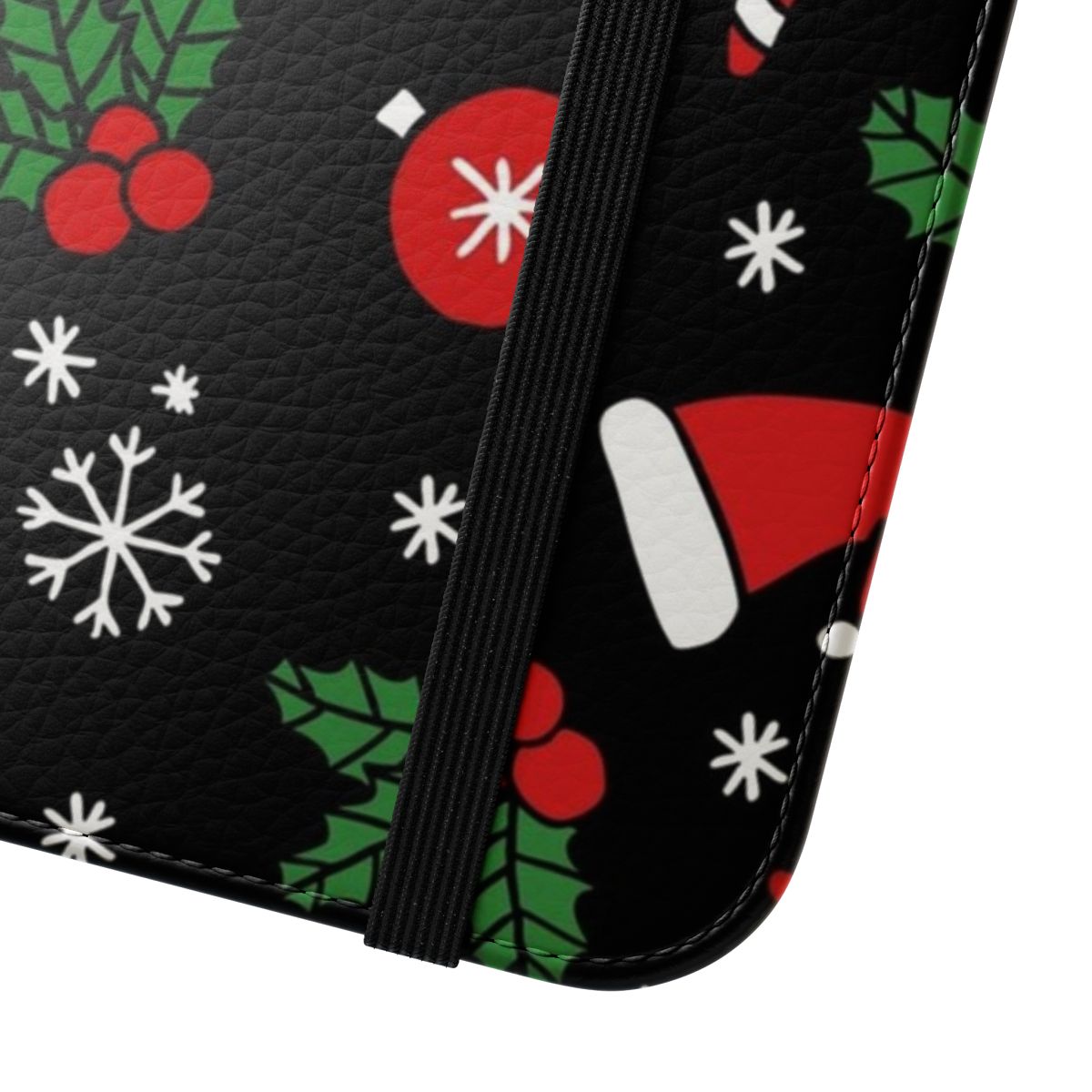 Christmas-themed phone case with floral patterns, snowflakes, and holiday elements - Close Up