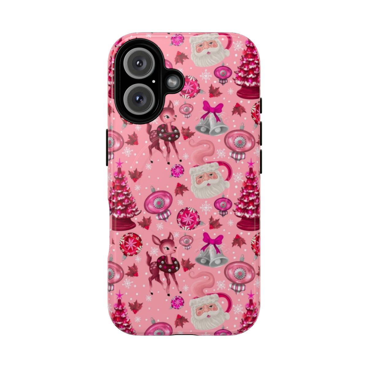 Retro Christmas pattern phone case in pink with a magnetic tough design featuring snowflakes, holly, and a vintage inspired look.