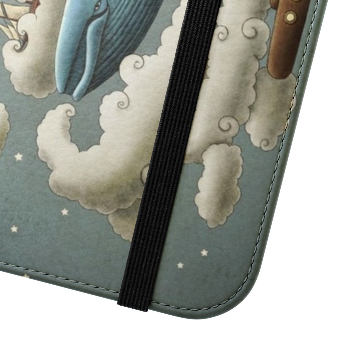 Flip phone case featuring a whimsical ocean meets sky design with a blue whale, tall ships, and vintage submarine. - Close Up