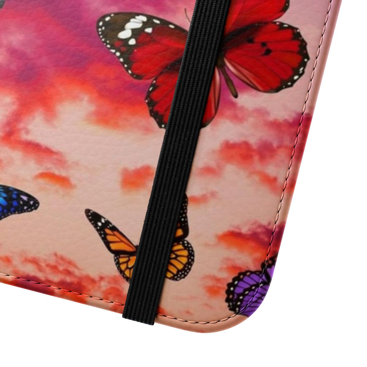 Colorful butterfly design on a flip cover phone case against a pastel sky background - Close Up