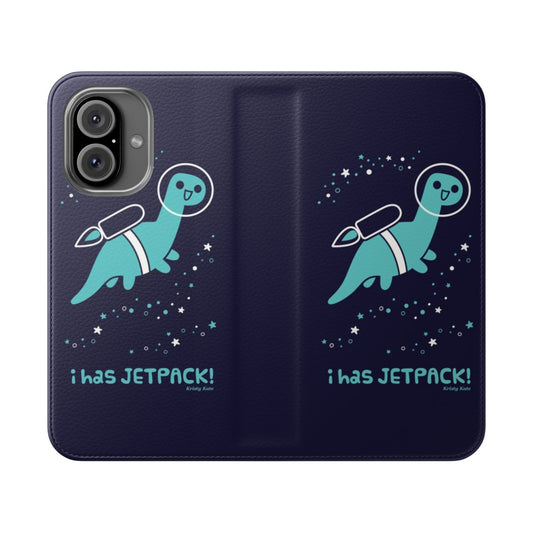 Teal phone case with a flying dinosaur in a jetpack against a starry space background.