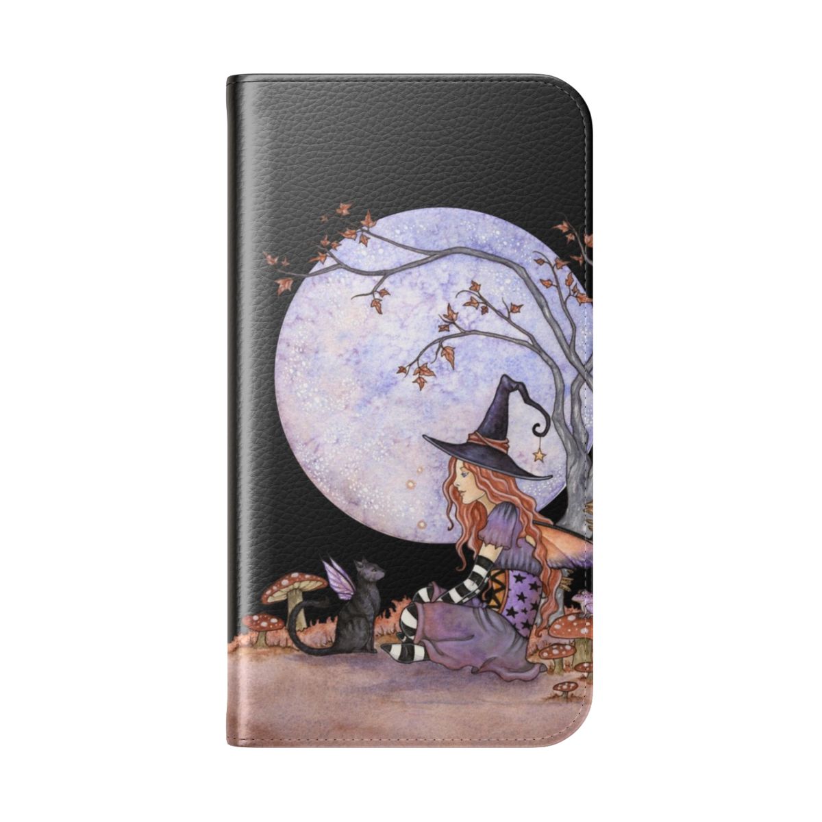 Enchanted moon magick phone case with fantasy illustrations of a full moon, fairy cat, mushrooms, and a twisted tree. - Folded Back