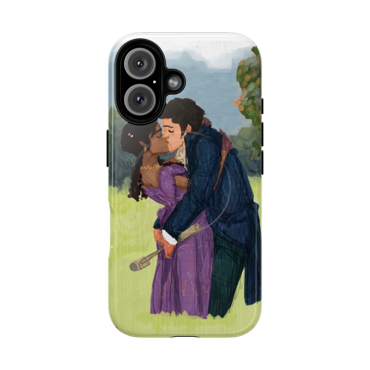 Bridgerton-inspired phone case featuring a cartoon couple kissing