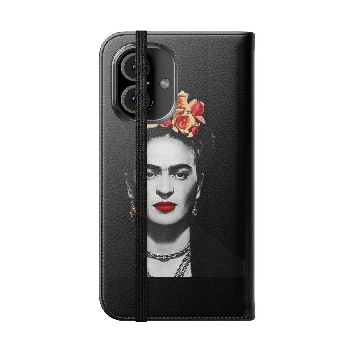 Vibrant and artistic flip cover phone case featuring a watercolor portrait of the famous Mexican artist Frida Kahlo. - Folded Front