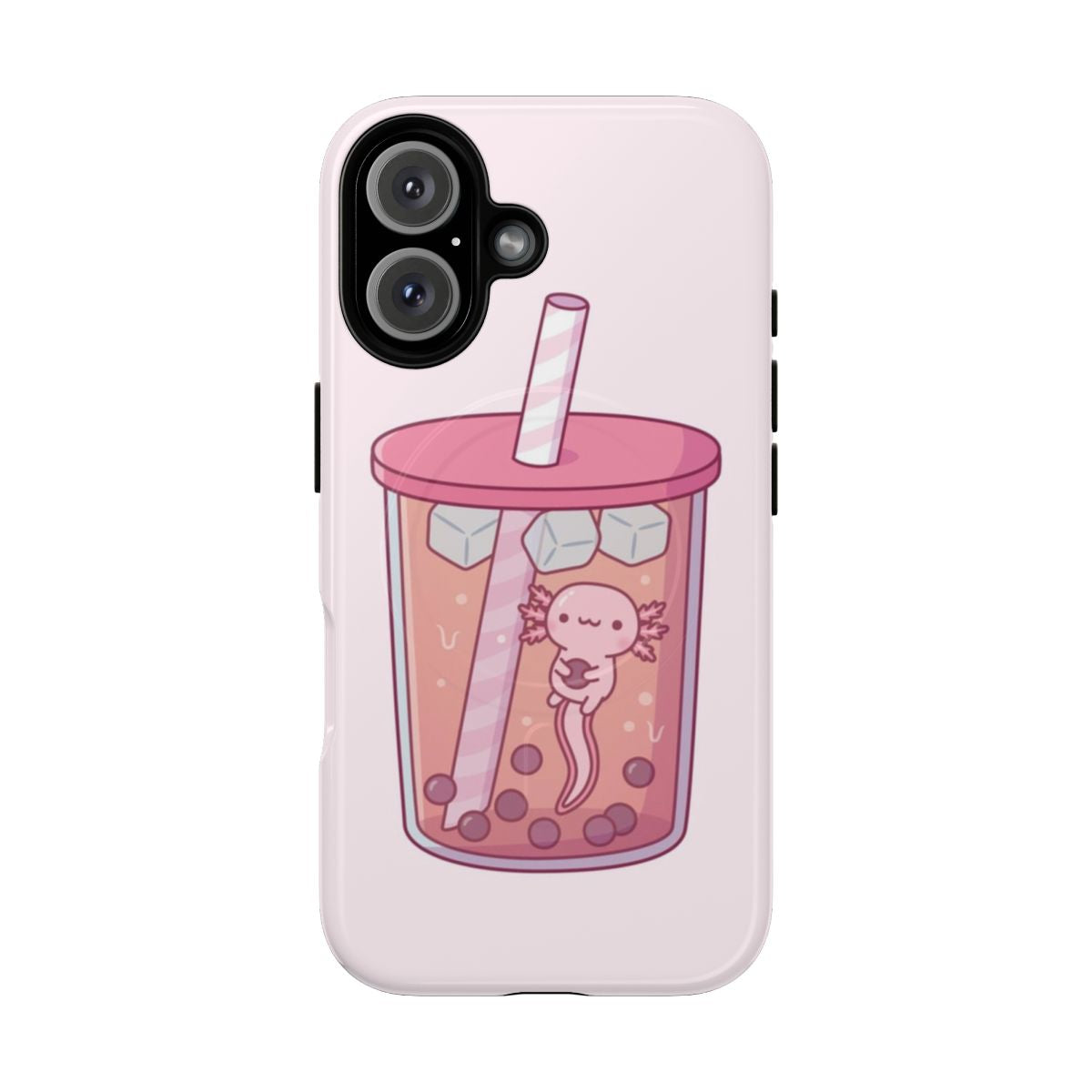 Cute axolotl swimming in a bubble tea-inspired phone case