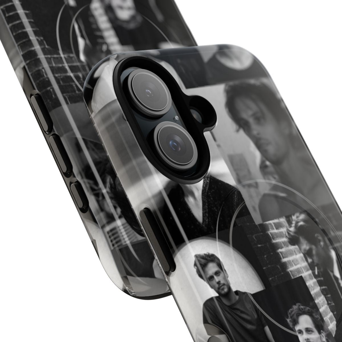 A black and white phone case featuring an illustration of actor Matthew Gray Gubler, known for his role as Spencer Reid on the TV show Criminal Minds. - Detail