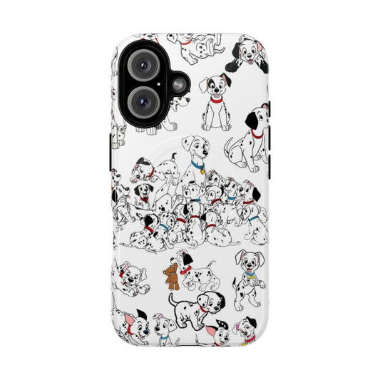 Collage design phone case featuring various Dalmatian puppies in black, white, and spotted patterns