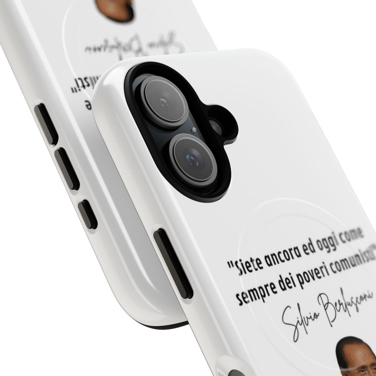 Phone case featuring a satirical design criticizing Italian businessman and politician Silvio Berlusconi. - Detail