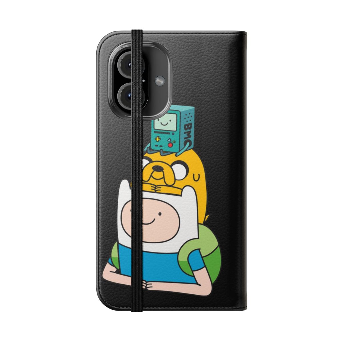 Colorful flip cover phone case featuring Adventure Time characters BMO, Finn, and Jake - Folded Front