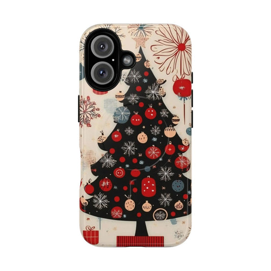 A vintage-style phone case featuring festive Christmas designs like trees, ornaments, and holiday colors.