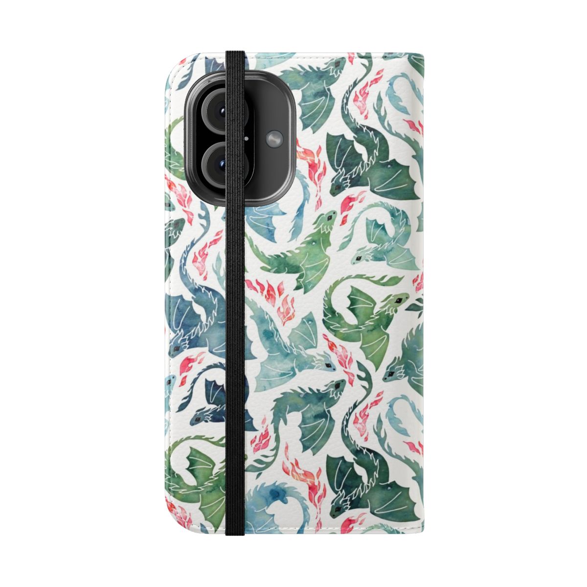 A vibrant blue and green watercolor phone case featuring a mystical, fire-breathing dragon design. - Folded Front