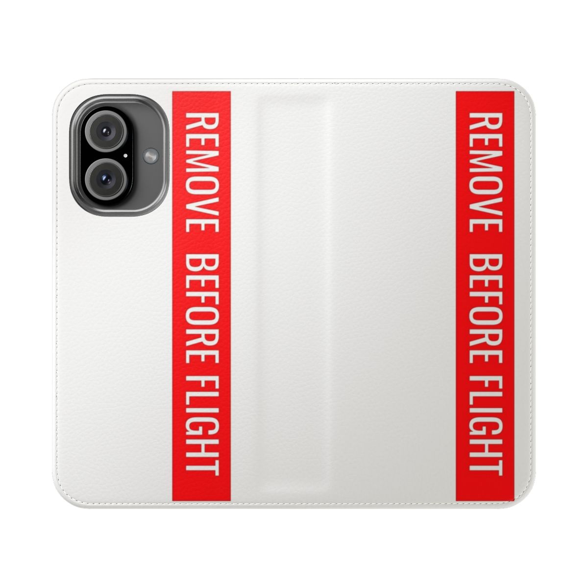 Aviation-themed flip phone case with "Remove Before Flight" text