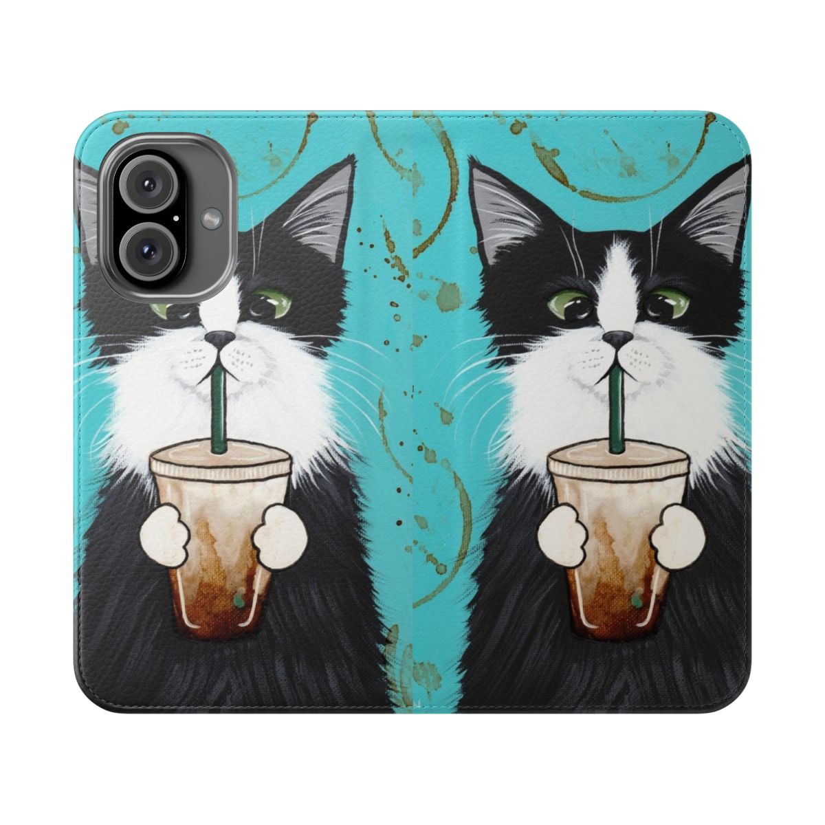 Tuxedo cat sitting on a coffee mug with iced coffee, printed on a flip phone case