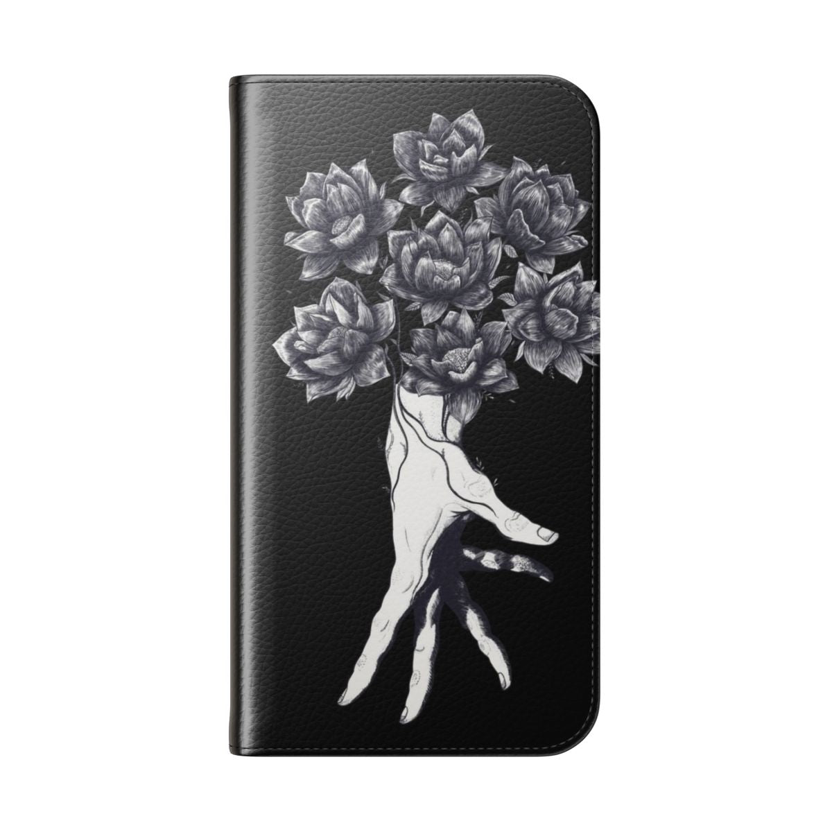 Minimalist hand silhouette with lotus flowers on black phone case - Folded Back