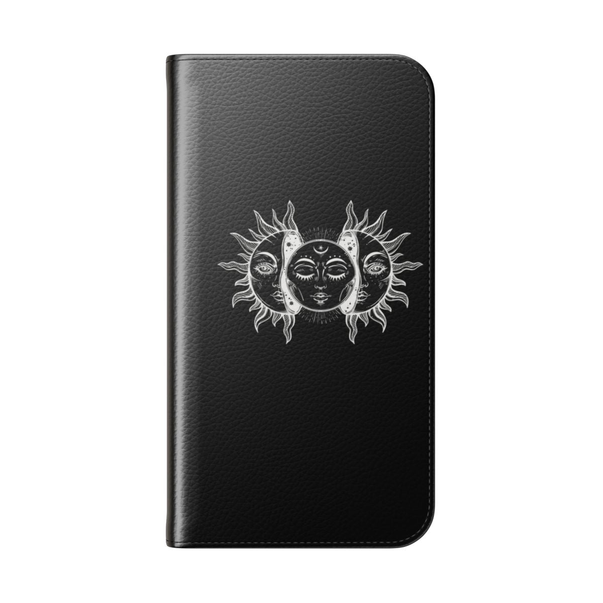 Vintage sun and moon solar eclipse design on a black and white flip phone case. - Folded Back