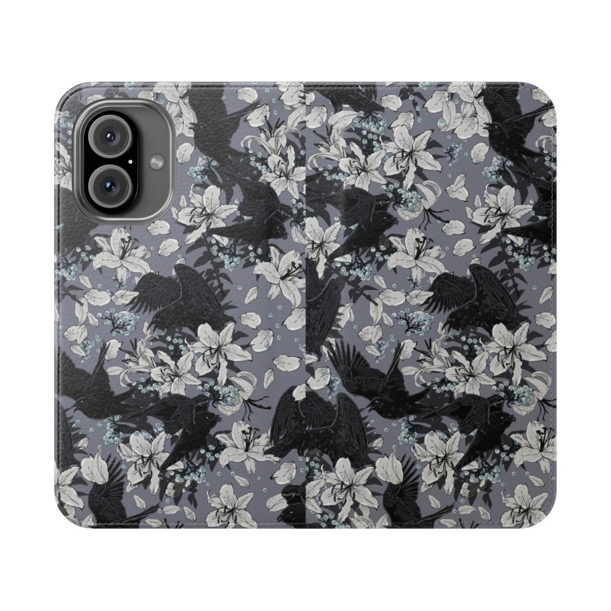 A black flip cover phone case with a dark, gothic-inspired design featuring a raven or crow.