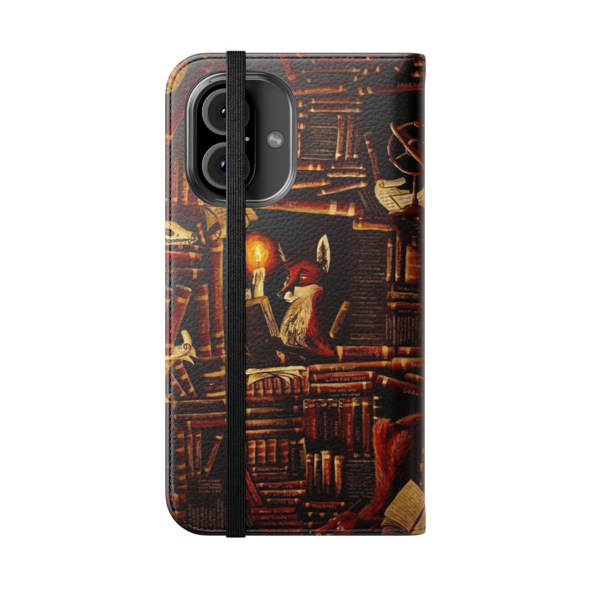 A flip cover phone case featuring a whimsical fantasy design, perfect for book lovers and fans of literary fiction. - Folded Front