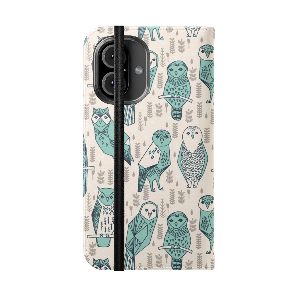 Pale turquoise flip cover phone case featuring an Andrea Lauren design of owls in a nature-inspired pattern - Folded Front