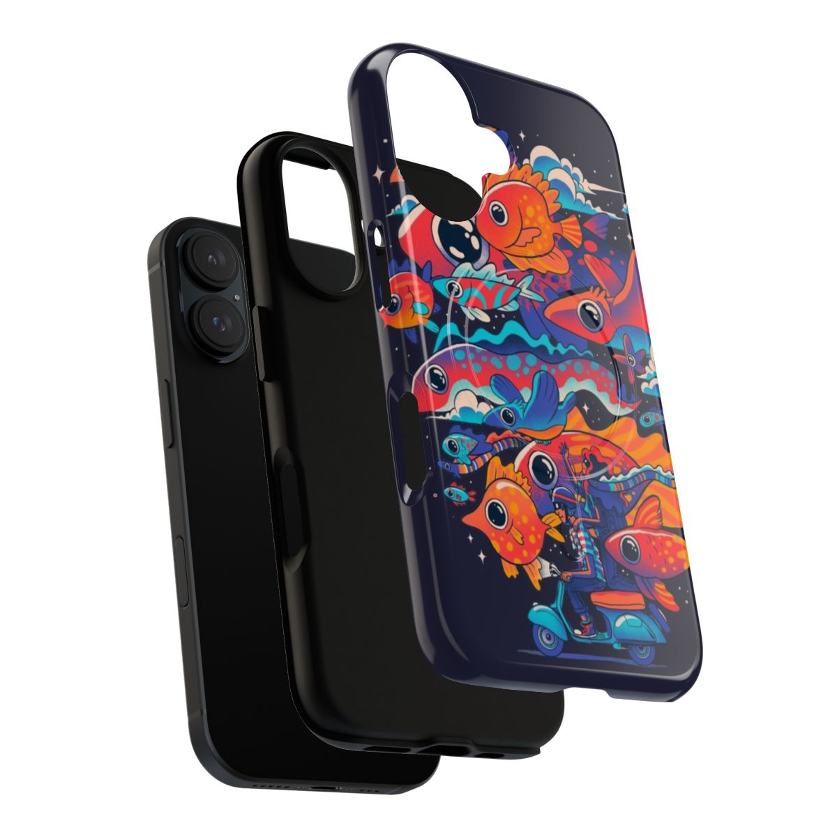 Magnetic tough phone case with a surreal, whimsical design featuring colorful fish, birds, stars, and other imaginative elements. - Layers