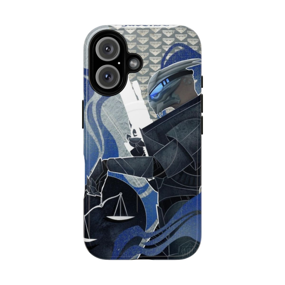 A tough, magnetic phone case featuring a justice tarot card design inspired by the character Garrus Vakarian from the Mass Effect video game series.