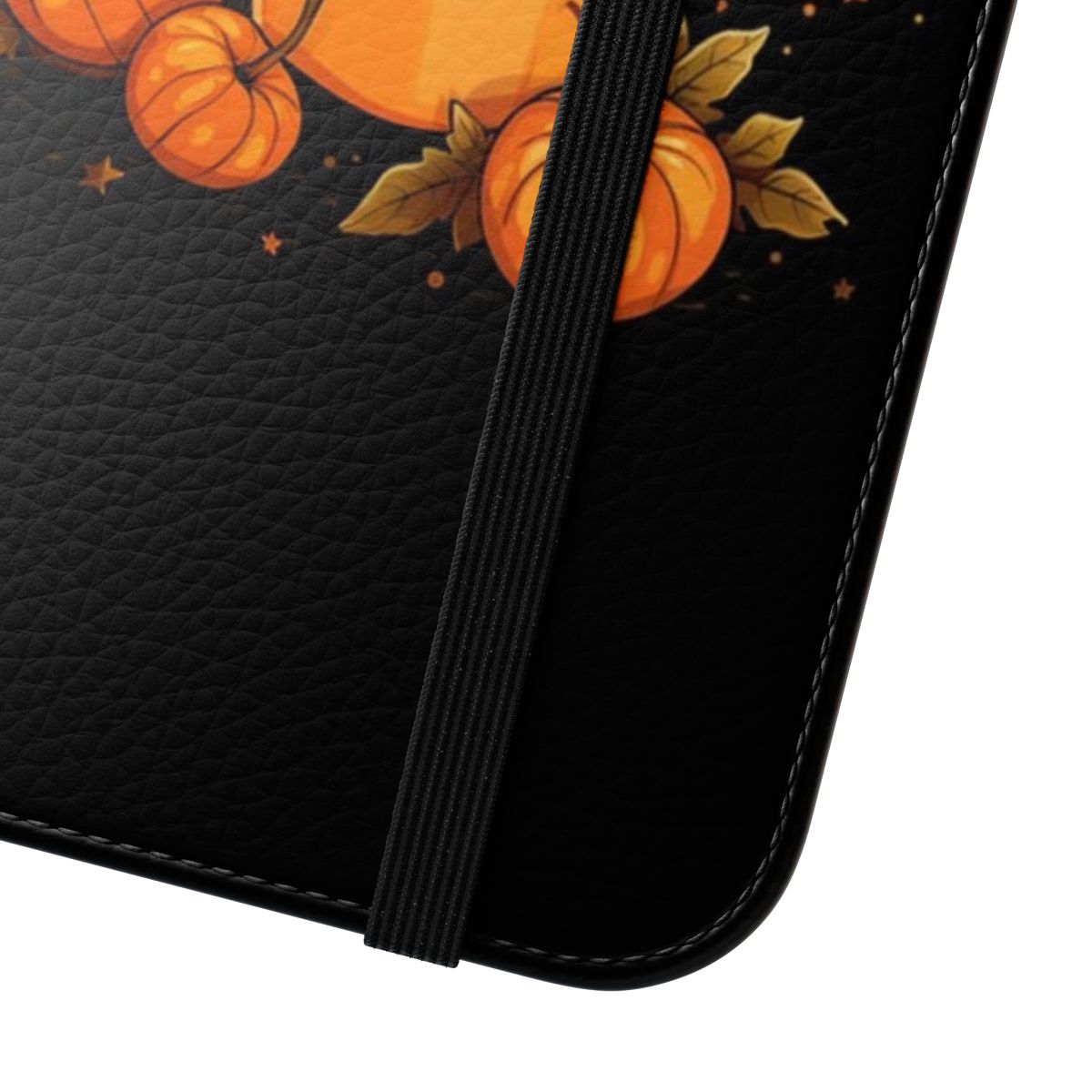 Pumpkin spice-themed flip cover phone case with pumpkin, cinnamon, and fall elements - Close Up