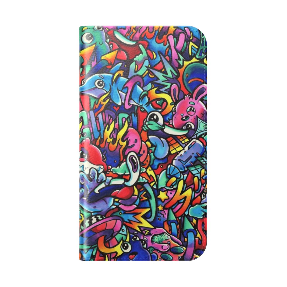 Vibrant copic marker doodle artwork in the style of Vexx on a phone case - Folded Back