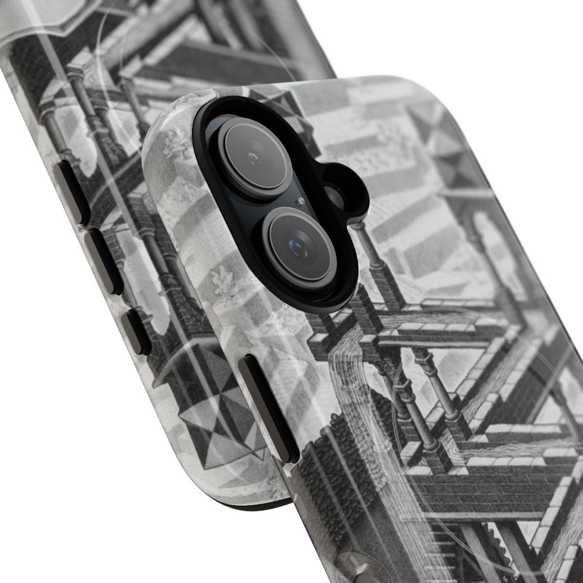 Minimalist phone case featuring the iconic M.C. Escher Impossible Waterfall design - Detail