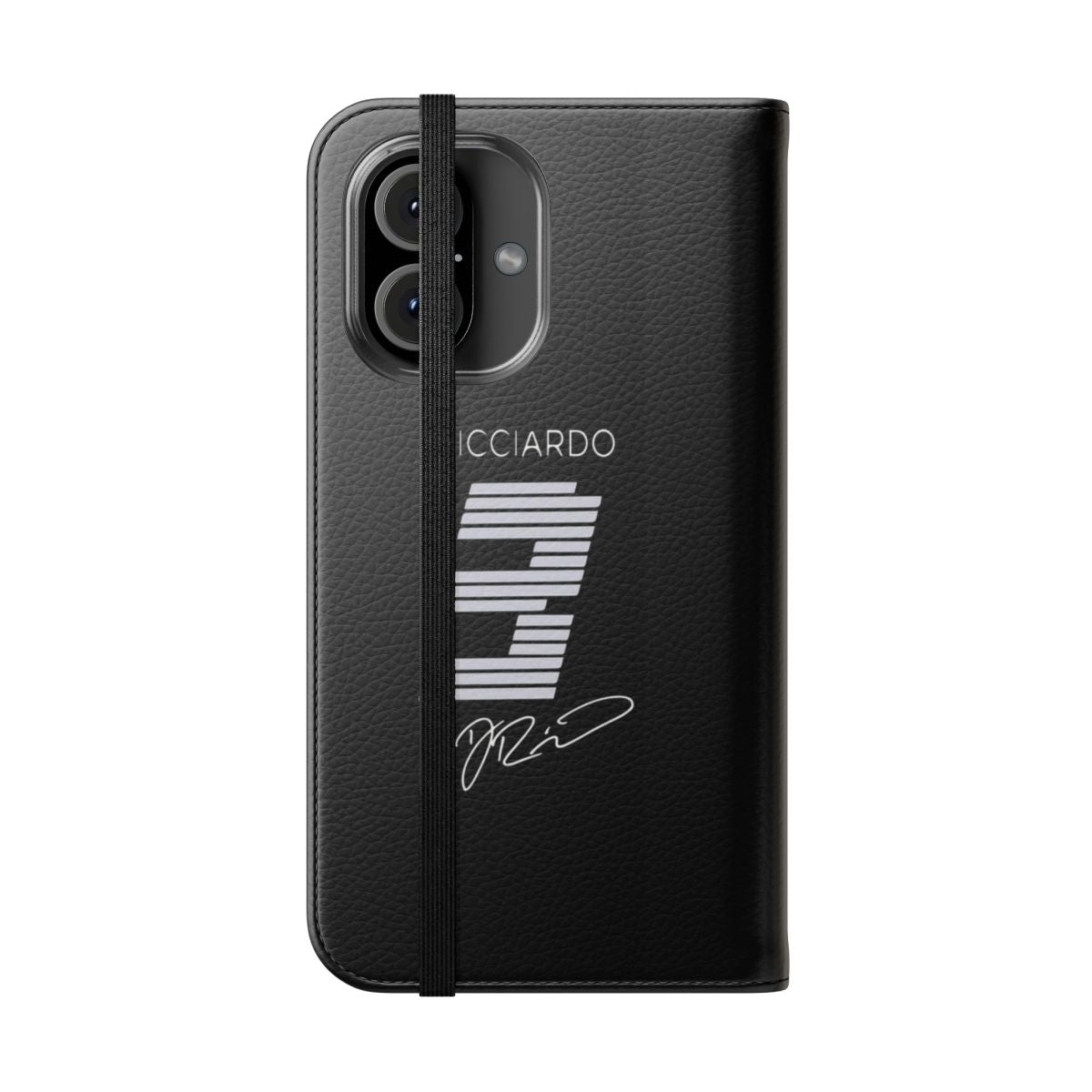 Minimalist phone case design featuring a vintage-style illustration of Daniel Ricciardo's Formula 1 car - Folded Front