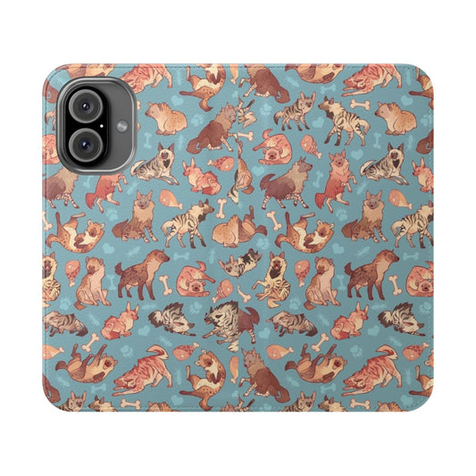 Cerulean-colored phone case with a vibrant hyena pattern design