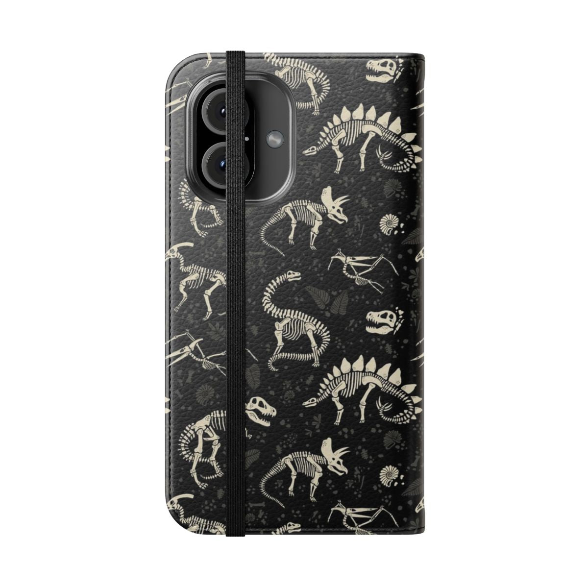 A phone case featuring a design of excavated dinosaur fossils, including T-Rex, Brontosaurus, and Triceratops. - Folded Front