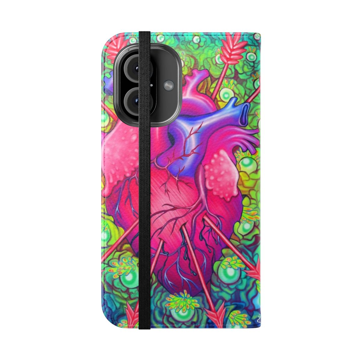 Anatomical floral design phone case with colorful, spooky elements - Folded Front