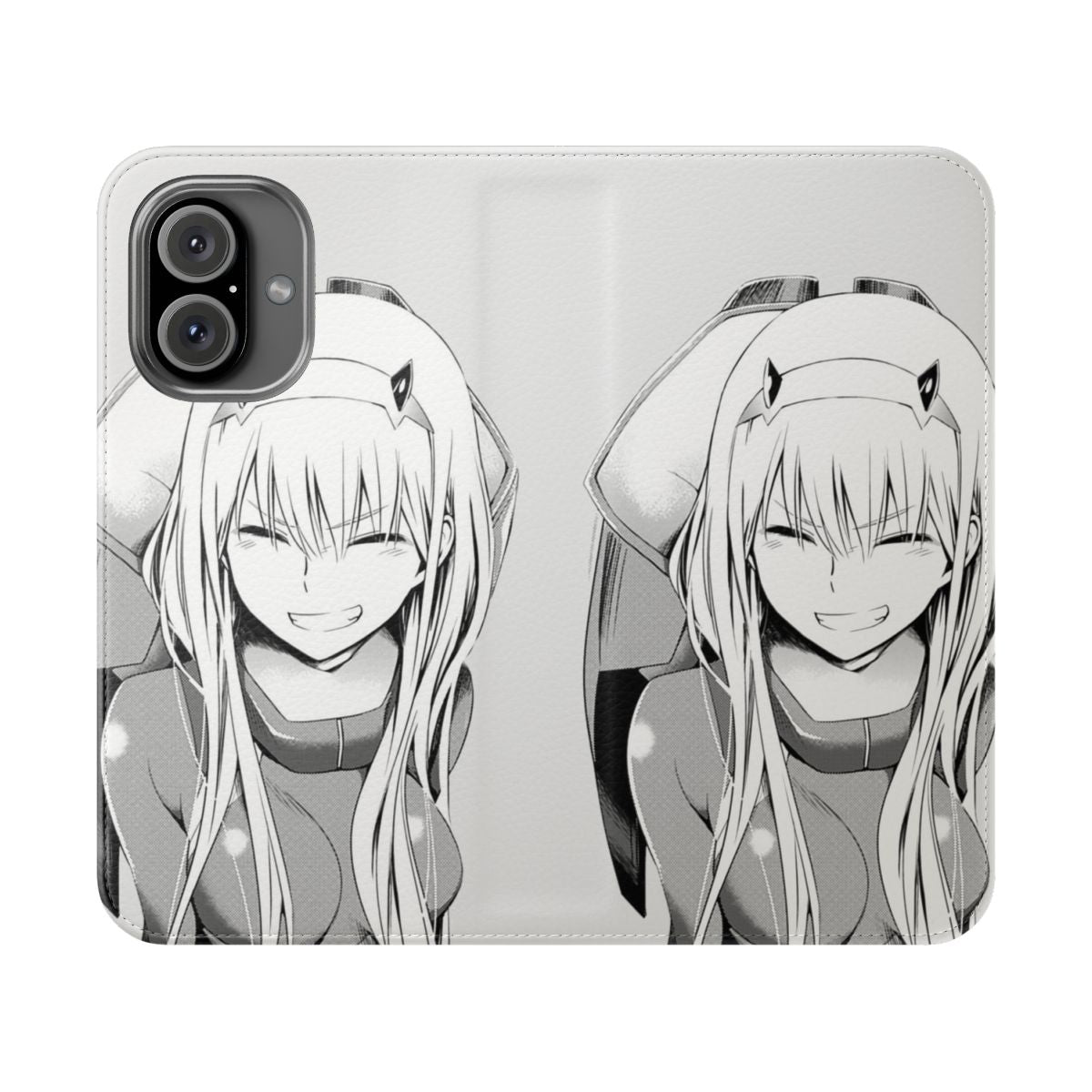 Vibrant flip cover phone case featuring the character Zero Two from the popular anime series Darling in the Franxx.