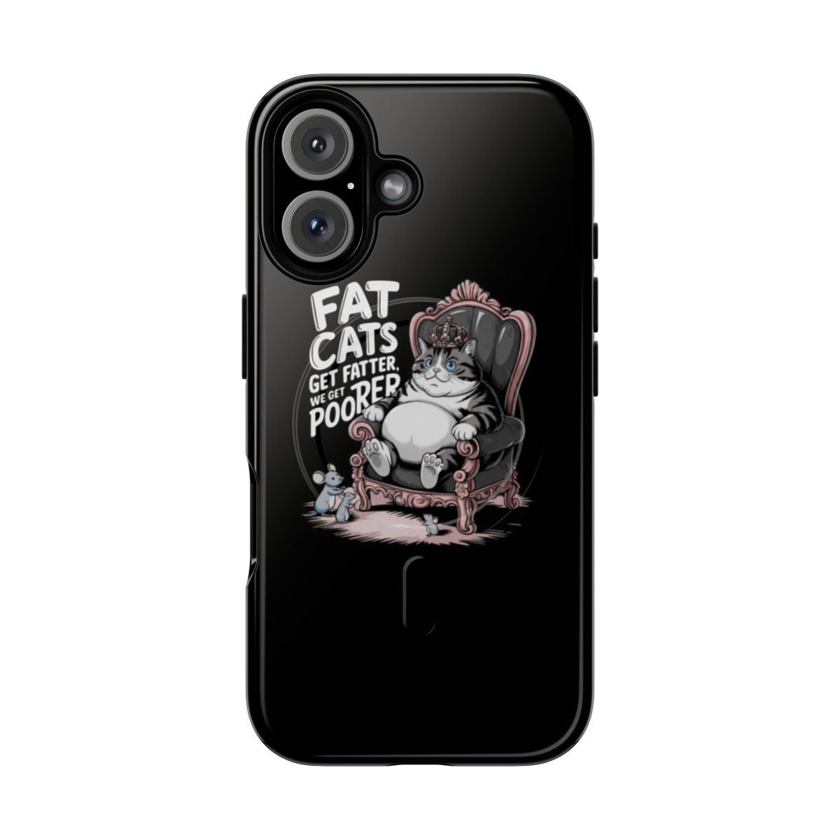 Phone case featuring satirical artwork critiquing wealth inequality and corporate greed