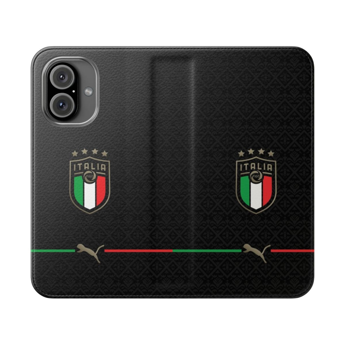 Black flip cover phone case with Italy, Italian, football, and soccer design