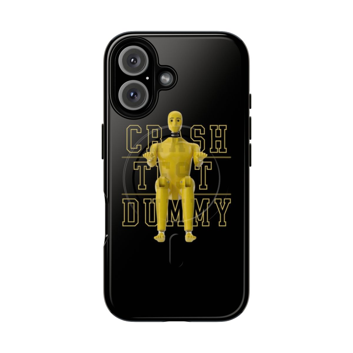 Vintage-inspired yellow phone case with a crash test dummy design