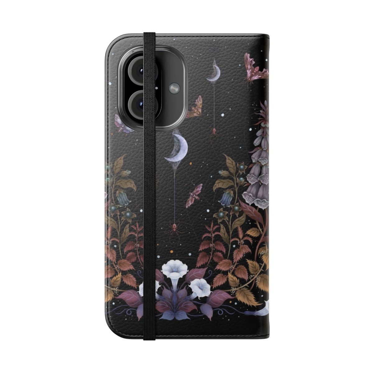 Gothic witch-themed phone case with spider web, crescent moon, and floral elements - Folded Front