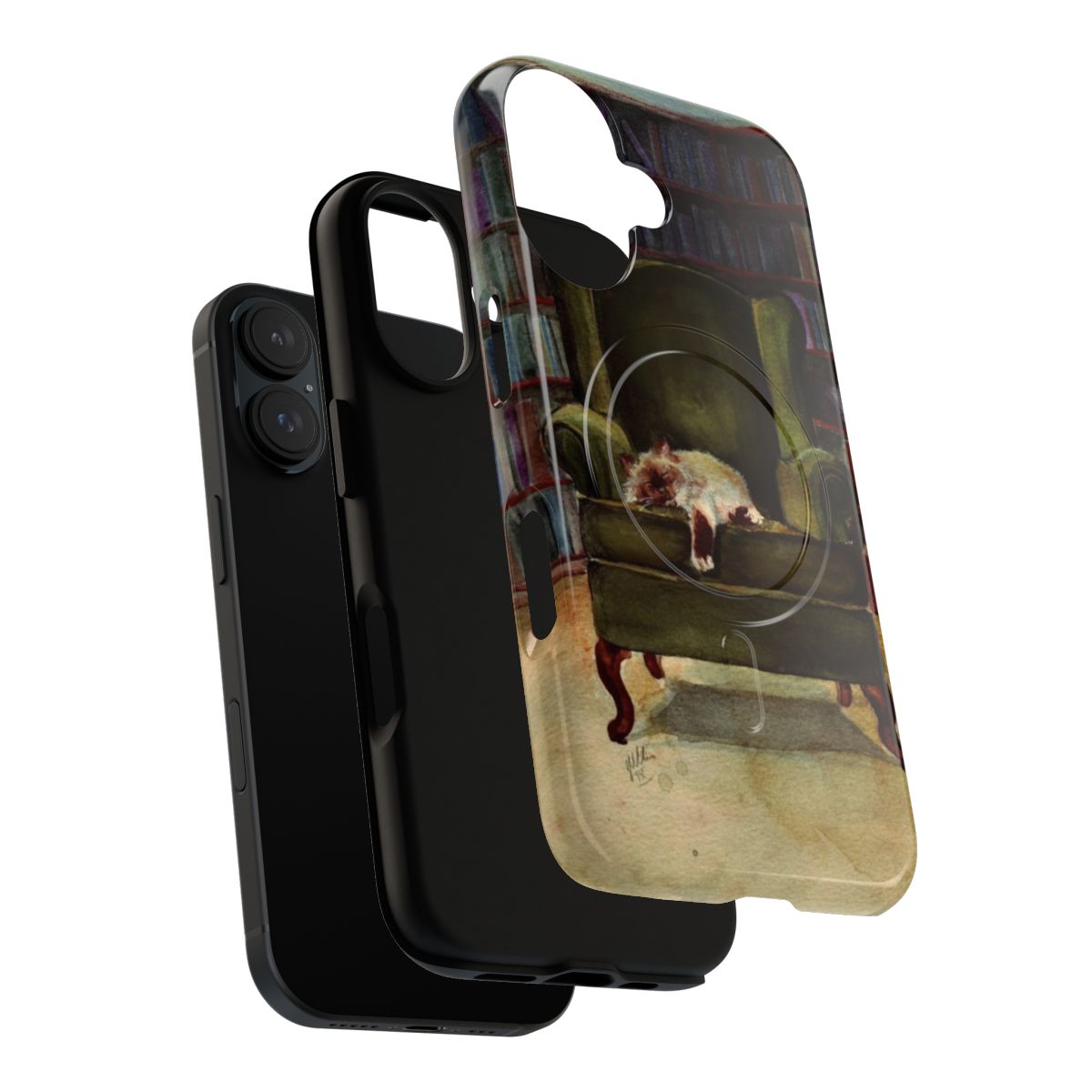 Image of a magnetic tough phone case featuring a cute sleeping cat in a vintage watercolor style - Layers