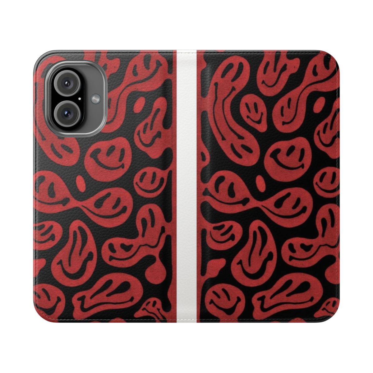 Vibrant psychedelic melted smiley face pattern on a phone case