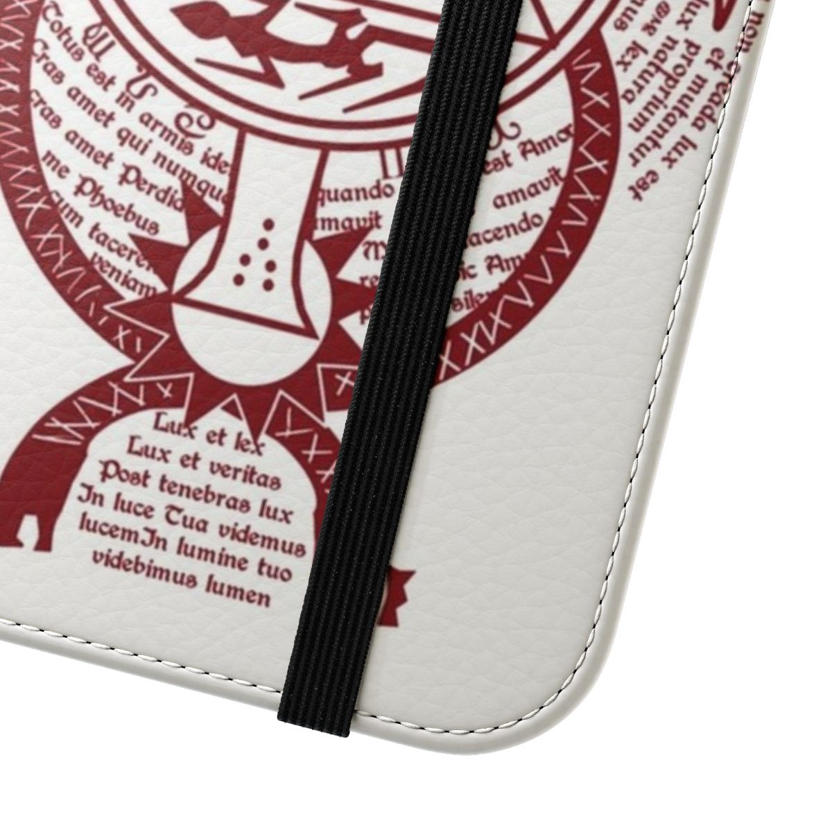 Anime-inspired fullmetal alchemist flip phone case featuring a Riza Hawkeye tattoo design with alchemy symbols. - Close Up